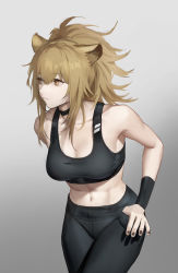 Rule 34 | 1girl, abs, absurdres, animal ears, arknights, bare shoulders, bilibilida, black choker, black nails, black pants, black sports bra, breasts, brown eyes, brown hair, choker, gradient background, grey background, highres, lion ears, looking to the side, medium breasts, midriff, nail polish, navel, pants, ponytail, siege (arknights), solo, sports bra, thumb in pocket, toned, wristband