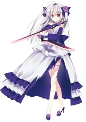 Rule 34 | 10s, 1girl, absolute duo, absurdres, bow, dress, dual wielding, elbow gloves, flower, gloves, grey hair, hair bow, high heels, highres, holding, knife, lace, lace legwear, purple eyes, rose, sword, thighhighs, torn clothes, torn dress, two side up, weapon, yurie sigtuna