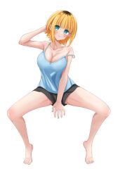 Rule 34 | 1girl, :3, absurdres, arm behind head, bare legs, bare shoulders, barefoot, black shorts, blonde hair, blue camisole, blue eyes, blush, breasts, camisole, cleavage, closed mouth, collarbone, commentary, full body, head tilt, highres, large breasts, looking at viewer, medium hair, mem-cho, multicolored hair, no pupils, oshi no ko, roots (hair), shorts, sidelocks, simple background, smile, solo, spaghetti strap, strap slip, tomioka (r2czw), white background