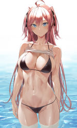 Rule 34 | 1girl, ahoge, bikini, black bikini, blue eyes, breasts, clothes lift, collarbone, commentary request, cowboy shot, groin, headband, highres, hiiragi yuuichi, large breasts, long hair, looking at viewer, original, red hair, shirt lift, soaking feet, solo, standing, swimsuit, two side up, wading, water, wet