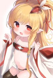 Rule 34 | 1girl, :d, absurdres, bad id, bad pixiv id, bandeau, bare shoulders, black thighhighs, blonde hair, blush, brown background, collarbone, commentary request, detached sleeves, ear piercing, gradient background, granblue fantasy, hair ornament, hair ribbon, hands up, highres, long hair, long sleeves, looking at viewer, mahira (granblue fantasy), navel, open mouth, piercing, pointy ears, red bandeau, red eyes, red ribbon, ribbon, sitting, smile, solo, thighhighs, very long hair, white background, white sleeves, wide sleeves, yinpa (wanone500511)