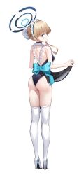 Rule 34 | 1girl, apron, apron lift, ass, bare shoulders, blonde hair, blue archive, bun cover, clothes lift, frills, from behind, full body, halo, higasino3ldk, high heels, highres, lifted by self, looking at viewer, looking back, maid apron, maid headdress, solo, thighhighs, toki (blue archive), white background, white thighhighs