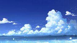 Rule 34 | blue sky, chinese commentary, cloud, commentary request, contrail, day, highres, horizon, light particles, no humans, ocean, original, outdoors, rune xiao, scenery, signature, sky, still life