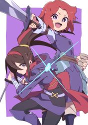 Rule 34 | 2girls, :d, bandaged arm, bandages, black legwear, blouse, blue eyes, boots, brown hair, character request, commentary request, dagger, dual wielding, hair over one eye, highres, holding, holding dagger, holding knife, holding weapon, hood, hood down, knee boots, knife, little witch academia, long hair, long sleeves, looking at viewer, magic, multiple girls, obi, one eye covered, open mouth, pantyhose, ponytail, purple background, purple eyes, purple footwear, purple skirt, purple vest, red hair, reverse grip, robe, sash, scabbard, sheath, shirt, short hair, simple background, skirt, smile, standing, standing on one leg, tama (tama-s), v-shaped eyebrows, vest, wand, weapon, wide-eyed