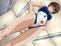 Rule 34 | 1futa, bible black, breasts, brown eyes, brown hair, competition swimsuit, dutch angle, from below, futanari, game cg, imminent penetration, large breasts, lens, locker, locker room, looking at viewer, looking down, nonogusa miyuki, one-piece swimsuit, penis, pussy, smile, solo, spectacles, swimsuit, third-party edit