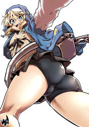 Rule 34 | 1boy, absurdres, androgyne symbol, artist name, ass, ass focus, bike shorts, bike shorts under skirt, black ribbon, blonde hair, blue eyes, bridget (guilty gear), bright pupils, bulge, edkuroki, from below, guilty gear, guilty gear strive, habit, highres, hood, hood up, hooded jacket, hoodie, jacket, long sleeves, male focus, open clothes, open hoodie, open mouth, ribbon, sexually suggestive, short hair, signature, simple background, smile, solo, trap, upskirt, white background, white pupils, white sleeves