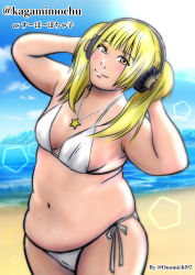 Rule 34 | 1girl, belly, bikini, blonde hair, breasts, headphones, highres, looking at viewer, medium breasts, navel, nitroplus, plump, smile, solo, standing, super pochaco, swimsuit, twintails, yellow eyes