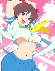 Rule 34 | 1girl, abstract background, aetherion, arms behind head, arms up, blouse, blue sailor collar, blue skirt, breasts, brown eyes, fingerless gloves, gloves, happy, headband, highres, kasugano sakura, large breasts, light brown hair, midriff, navel, neckerchief, open mouth, pink background, pleated skirt, puffy short sleeves, puffy sleeves, red gloves, sailor collar, sailor shirt, school uniform, serafuku, shirt, short hair, short sleeves, skirt, smile, solo, stomach, street fighter, street fighter zero (series), teeth, underboob, upper body, upper teeth only, white background, white headband, white shirt, yellow neckerchief