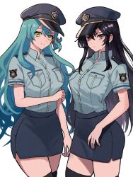 Rule 34 | 2girls, aqua hair, ayra (fire emblem), black hair, blue skirt, breast pocket, buttons, chloe (fire emblem), closed mouth, collared shirt, commentary request, eyelashes, fire emblem, fire emblem: genealogy of the holy war, fire emblem engage, green eyes, hair between eyes, hat, highres, light frown, long hair, multiple girls, nintendo, peaked cap, pencil skirt, pocket, police, police uniform, purple eyes, shirt, sidelocks, simple background, skirt, smile, white background, yuurururun