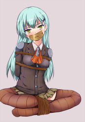 Rule 34 | 10s, 1girl, bdsm, bondage, bound, breasts, brown thighhighs, crossed ankles, dodomeki, dodomeki (uramichi), gag, gagged, green hair, hair ornament, hairclip, improvised gag, kantai collection, long hair, looking at viewer, school uniform, small breasts, solo, suzuya (kancolle), tape, tape gag, thighhighs, yellow eyes