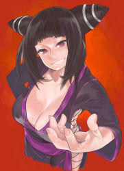 Rule 34 | 1girl, alternate costume, black hair, breasts, capcom, cleavage, drill hair, from above, grin, han juri, head tilt, highres, large breasts, megumi yakiniku, nail polish, outstretched hand, perspective, purple eyes, side slit, smile, solo, street fighter, street fighter iv (series), twin drills, twintails