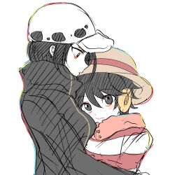 Rule 34 | 2girls, black coat, black eyes, black hair, blush stickers, breasts, closed mouth, coat, dot nose, earmuffs, earrings, flat color, from side, genderswap, genderswap (mtf), hair between eyes, hat, height difference, highres, hug, jewelry, law-chan, looking at another, looking at viewer, luffyko, medium breasts, monkey d. luffy, multicolored coat, multiple girls, nose, one piece, portrait, profile, red coat, short hair, simple background, sori 6403, straw hat, tareme, trafalgar law, two-tone coat, wavy mouth, white background, white coat, yellow eyes, zipper