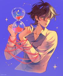Rule 34 | 1boy, antenna hair, artist name, bound, bound arms, brown hair, collarbone, collared shirt, commentary, constellation, crack, crescent moon, english commentary, eyelashes, fingernails, highres, holding, hoshi-pan, hourglass, long sleeves, looking at viewer, making-of available, male focus, moon, original, parted lips, pectoral cleavage, pectorals, purple background, sand, shirt, short hair, solo, sparkle, spill, star (sky), thick eyebrows, upper body, white shirt, yellow eyes