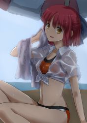 Rule 34 | 1girl, alternate costume, arm support, arm up, beach, bikini, bloom, blue ribbon, blue sky, blurry, chiizu ore, cowboy shot, day, depth of field, drying, hair ribbon, highres, holding, holding towel, knees up, kohaku (tsukihime), looking at viewer, medium hair, ocean, open mouth, red hair, ribbon, sand, see-through, shirt, sky, solo, swimsuit, tied shirt, towel, tsukihime, wet, wet clothes, wet shirt, white shirt, yellow eyes