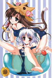 Rule 34 | 2girls, absurdres, ahoge, animal ears, animal hat, apple, aqua eyes, ass, barefoot, bell, bent over, blue eyes, blush, brown hair, cameltoe, cat ears, cat tail, character request, clothes pull, cup, drinking straw, fang, feet, flower, food, fruit, glasses, hair bell, hair ornament, hair ribbon, hat, hibiscus, highres, in container, in cup, jingle bell, leg up, long hair, mini person, minigirl, multiple girls, non-web source, one-piece swimsuit, one-piece swimsuit pull, outline, red eyes, ribbon, school swimsuit, shaa, short hair, strap slip, straw hat, striped, striped background, submerged, sunflower, swimsuit, tail, undressing, vertical stripes, very long hair, white hair