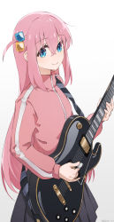 Rule 34 | 1girl, absurdres, black skirt, blue eyes, bocchi the rock!, crossed bangs, cube hair ornament, electric guitar, from side, gibson les paul, gotoh hitori, guitar, hair ornament, highres, holding, holding instrument, instrument, jacket, long hair, long sleeves, one side up, pink hair, pink jacket, pleated skirt, simple background, skirt, smile, solo, swkl:d, track jacket, white background