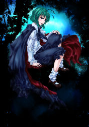 Rule 34 | 1girl, antennae, black pants, blue eyes, cape, collared shirt, dark background, female focus, fingernails, full body, gradient background, green hair, hand on own knee, highres, itsuku, long sleeves, looking at viewer, mary janes, open mouth, pants, shirt, shoes, short hair, sitting, socks, solo, touhou, white shirt, wriggle nightbug
