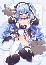 Rule 34 | 1girl, black footwear, black nails, blue eyes, blue hair, blush, breasts, choker, cleavage, collarbone, fang, highres, indie virtual youtuber, kneehighs, large breasts, long sleeves, looking at viewer, maou chirorunia, msp sammy, open mouth, over-kneehighs, puffy long sleeves, puffy sleeves, second-party source, single over-kneehigh, single sock, single thighhigh, smile, socks, solo, thighhighs, tongue, virtual youtuber, white socks