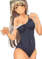 Rule 34 | 1girl, blue one-piece swimsuit, blush, breasts, breasts apart, brown eyes, brown hair, cleavage, clothes pull, covered navel, cowboy shot, hair rings, heart tan, legs together, long hair, looking at viewer, love live!, love live! school idol project, medium breasts, minami kotori, nanasumi (pantie party project), off shoulder, one-piece swimsuit, one-piece swimsuit pull, one side up, pulled by self, school swimsuit, simple background, smile, solo, standing, strap pull, swimsuit, tan, very long hair, white background