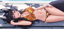 Rule 34 | 1girl, absurdres, animal ear fluff, animal ears, bikini, bikini bottom only, black hair, blush, breasts, cleavage, commentary request, crop top, dappled sunlight, delta (kage no jitsuryokusha ni naritakute!), fangs, floral print, hair ornament, highres, kage no jitsuryokusha ni naritakute!, keine09, large breasts, long hair, lying, multicolored bikini, multicolored clothes, navel, on side, open mouth, purple eyes, side-tie bikini bottom, smile, solo, stomach, sunlight, sweatdrop, swimsuit, tail, wolf ears, wolf girl, wolf tail