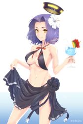 Rule 34 | 10s, 1girl, bendy straw, bikini, black bikini, blush, breasts, cleavage, criss-cross halter, cup, drinking straw, female focus, flower, hair flower, hair ornament, halo, halterneck, hibiscus, highres, infinote, kantai collection, large breasts, looking at viewer, mechanical halo, navel, purple hair, sarong, short hair, simple background, smile, solo, swimsuit, tatsuta (kancolle), white background, yellow eyes