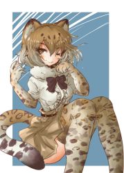 Rule 34 | 10s, 1girl, animal ears, belt, blonde hair, bow, bowtie, center frills, commentary request, elbow gloves, frills, fur collar, gloves, highres, jaguar (kemono friends), jaguar ears, jaguar print, jaguar tail, kemono friends, motocompoooo, multicolored hair, short hair, short sleeves, skirt, solo, tail, thighhighs