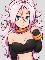 Rule 34 | 1girl, android 21, black tube top, blue eyes, breasts, choker, cleavage, closed mouth, collarbone, detached sleeves, dragon ball, dragon ball fighterz, earrings, grey background, hair between eyes, hoop earrings, jewelry, kemachiku, long hair, majin android 21, medium breasts, pink hair, simple background, solo, strapless, tube top, tube top, upper body