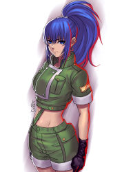 Rule 34 | 1girl, blue hair, breasts, commentary request, crop top, earrings, gloves, green shorts, hair between eyes, high ponytail, jewelry, large breasts, leona heidern, long hair, midriff, navel, ponytail, short sleeves, shorts, sidelocks, snk, solo, the king of fighters, yamahara