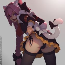 Rule 34 | 1boy, animal ears, ass, astolfo (fate), black bow, black panties, black skirt, black thighhighs, boots, bow, braid, bulge, cat ears, cat tail, fang, fate/apocrypha, fate/grand order, fate (series), frills, from behind, grey background, hair intakes, long braid, long hair, looking at viewer, looking back, maid, male focus, multicolored hair, necktie, open mouth, panties, pink hair, purple eyes, red necktie, simple background, single braid, skirt, solo, streaked hair, tail, thigh boots, thighhighs, trap, underwear, watermark, web address, white hair, zhaoyebai
