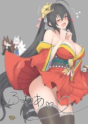 Rule 34 | 4girls, :d, ?, ahoge, akagi (azur lane), animal ears, azur lane, bare shoulders, black hair, blue shirt, blunt bangs, blush, breasts, brown hair, cat ears, cleavage, collarbone, commentary request, fox ears, fox tail, greyscale, hair between eyes, hair ribbon, hands up, hat, heart, highres, japanese clothes, kaga (azur lane), kimono, kindergarten uniform, large breasts, long hair, long sleeves, looking at viewer, mask, mask on head, monochrome, multiple girls, multiple tails, mutsuki (azur lane), no panties, off shoulder, one eye closed, open mouth, red eyes, red kimono, ribbon, school hat, shirt, short hair, simple background, smile, striped ribbon, taihou (azur lane), tail, thighhighs, twintails, very long hair, white hair, whoosaku, wide sleeves