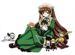 Rule 34 | 00s, 1girl, black-framed eyewear, black thighhighs, black wings, blush, bonnet, bow, bowtie, brown hair, character doll, collar, crossed arms, dress, expressionless, flower eyepatch, frilled collar, frilled shirt collar, frilled sleeves, frills, full body, green bow, green bowtie, green dress, green eyes, hair ornament, hairband, hat, head scarf, heart, heart hair ornament, hinaichigo, hug, lolita hairband, long dress, long hair, long sleeves, looking at viewer, red eyes, rozen maiden, sidelocks, simple background, sitting, solid circle eyes, solo, spiked hair, suiseiseki, thighhighs, top hat, twintails, very long hair, watering can, white background, wings, yellow dress, zettai ryouiki