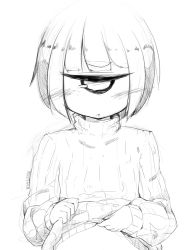 Rule 34 | 1girl, :&lt;, belly, blunt bangs, blush, clothes lift, cyclops, greyscale, highres, looking at viewer, monochrome, one-eyed, original, ribbed sweater, shima (sh1mamu), sidelocks, signature, simple background, sketch, solo, sweater, sweater lift, thick eyebrows, twitter username, upper body, white background