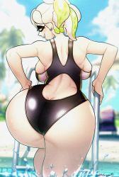 Rule 34 | 1girl, absurdres, artist name, ass, back, backboob, blush, breasts, butt crack, earrings, goat (hotaruman97), highres, huge ass, inkling player character, jewelry, large breasts, looking at viewer, looking back, marie (splatoon), nintendo, one-piece swimsuit, palm tree, pointy ears, pool, sky, smile, solo, splatoon (series), squid girl, swimsuit, tentacle hair, thick thighs, thighs, tree, water, wide hips, yellow eyes