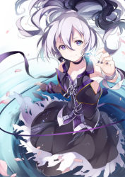 Rule 34 | 1girl, bare shoulders, blue eyes, blush, choker, collarbone, flower (vocaloid), flower (vocaloid3), highres, knees together feet apart, legs together, light smile, long hair, looking at viewer, multicolored eyes, nail polish, petals, ponytail, purple eyes, purple hair, purple nails, purple skirt, skirt, skirt set, solo, umiko (munemiu), very long hair, vocaloid