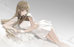 Rule 34 | 1girl, :o, blonde hair, blue eyes, capelet, dress, earrings, eyebrows hidden by hair, gigi andalusia, gundam, gundam hathaway&#039;s flash, hair behind ear, highres, jewelry, long hair, lying, on side, open mouth, solo, triangle earrings, white capelet, white dress, yeyuanqianqianqian
