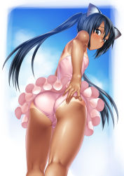 Rule 34 | 1girl, adjusting clothes, adjusting swimsuit, animal ear fluff, animal ears, ass, bare arms, bare shoulders, black eyes, black hair, blush, breasts, casual one-piece swimsuit, cat ears, day, dutch angle, fingernails, frills, from behind, from below, hair between eyes, highres, k-on!, kneepits, long hair, looking at viewer, looking back, looking down, nakano azusa, one-piece swimsuit, one-piece tan, outdoors, pink one-piece swimsuit, sky, small breasts, solo, strapless, strapless one-piece swimsuit, suzume inui, swimsuit, tan, tanline, thighs, twintails