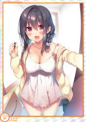 Rule 34 | 1girl, :d, armpits, bare shoulders, black hair, blush, box, braid, breasts, brown jacket, cleavage, collarbone, dress, covered erect nipples, hair between eyes, hair ornament, highres, holding, indoors, jacket, large breasts, long hair, long sleeves, looking at viewer, off shoulder, open clothes, open jacket, open mouth, original, otona no moeoh, red eyes, sazaki ichiri, sidelocks, sleeveless, sleeveless dress, smile, solo, spaghetti strap, standing, thighs, twin braids, white dress