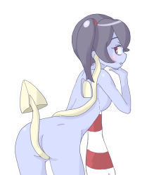 Rule 34 | 1girl, ass, blue skin, breasts, colored skin, long hair, looking back, nude, red eyes, side ponytail, simple background, skullgirls, small breasts, solo, squigly (skullgirls), stitched mouth, stitches, zombie