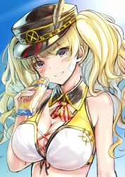 Rule 34 | bandage on face, bandages, bare shoulders, bikini, blonde hair, breasts, cleavage, collar, cross-laced bikini, cross-laced clothes, granblue fantasy, hat, hat feather, ice cream bar, large breasts, long hair, looking at viewer, monika weisswind, peaked cap, swimsuit, taiki ken, twintails, upper body