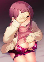 Rule 34 | 1girl, blush, bodycon, breasts, cleavage, clothes lift, coat, covered erect nipples, covering face, gloves, heart o-ring, heart ring top, hip vent, idolmaster, idolmaster cinderella girls, lifting own clothes, long hair, looking at viewer, mifune miyu, panties, purple eyes, purple hair, purple panties, pussy juice, satou kuuki, sitting, skirt, smile, solo, sweatdrop, sweater, sweater lift, underwear