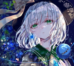 Rule 34 | 1girl, absurdres, blue flower, expressionless, floral background, floral print, flower, green eyes, hat, highres, komeiji koishi, medium hair, parted lips, portrait, rose, silver hair, solo, suzushina, third eye, touhou