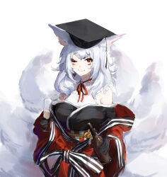 Rule 34 | 1girl, alcohol, animal ears, armpit crease, bare shoulders, black gloves, bottle, breasts, champagne, champagne flute, closed mouth, cup, dress, drinking glass, facial mark, fox ears, fox tail, gloves, graduation, hat, hat tassel, highres, holding, holding bottle, holding cup, japanese clothes, kimono, large breasts, long hair, miaooon, mortarboard, multiple tails, nijisanji, nijisanji en, nina kosaka, nina kosaka (1st costume), off-shoulder dress, off shoulder, one eye closed, red eyes, red ribbon, ribbon, simple background, smile, solo, tail, virtual youtuber, white background, white hair, wine bottle