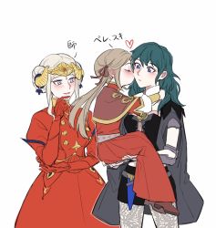 Rule 34 | 3girls, aged down, blush, brown hair, byleth (female) (fire emblem), byleth (fire emblem), chuuum m, closed eyes, dress, dual persona, edelgard von hresvelg, fire emblem, fire emblem: three houses, gloves, green hair, kiss, kissing cheek, looking at another, multiple girls, nintendo, pantyhose, red dress, red gloves, short shorts, shorts, silver hair, simple background, smile, standing, tiara, time paradox, yuri
