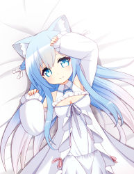 Rule 34 | 1girl, absurdres, animal ear fluff, animal ears, arm up, bare shoulders, blue eyes, blue hair, bow, braid, breasts, cat ears, cat girl, character request, cleavage, clothing cutout, dress, dress bow, gradient hair, hair between eyes, hair over shoulder, hand up, highres, long hair, long sleeves, looking at viewer, lying, mogura2009, multicolored hair, on back, original, paw pose, shoulder cutout, small breasts, smile, solo, soraneko kurumi, very long hair, virtual youtuber, white dress, white hair