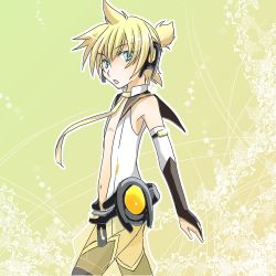 Rule 34 | 1boy, blonde hair, blue eyes, cosplay, hatsune miku, hatsune miku (append), hatsune miku (cosplay), headset, kagamine len, lowres, male focus, midriff, miku append (cosplay), navel, open clothes, open shirt, shirt, solo, vocaloid, vocaloid append