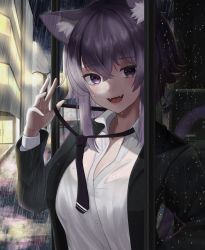 Rule 34 | 1girl, :d, absurdres, alternate costume, animal ears, black jacket, black necktie, blush, breasts, building, cat ears, cat girl, cat tail, cleavage, collared shirt, commentary request, crossed bangs, dress shirt, fangs, formal, hair between eyes, hand up, highres, hololive, huge filesize, jacket, lamppost, long sleeves, looking at viewer, loose necktie, medium breasts, necktie, nekomata okayu, nekomata okayu (oversized shirt), night, open clothes, open jacket, open mouth, outdoors, partially unbuttoned, purple eyes, purple hair, rain, shirt, short hair, sidelocks, smile, solo, suit, tail, tojo aoi, upper body, virtual youtuber, water drop, wet, wet clothes, wet hair, wet shirt, wing collar