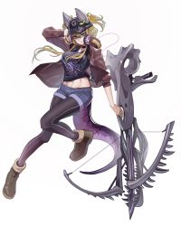 Rule 34 | 1girl, baseball cap, blonde hair, bow (weapon), commentary, crossbow, english commentary, floating, green eyes, hair between eyes, hat, headphones, headphones around neck, highres, holding, holding weapon, huge weapon, jacket, kamitoge supino, leggings, looking down, navel, original, short shorts, shorts, simple background, solo, two side up, weapon, white background