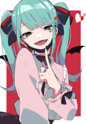 Rule 34 | 1girl, absurdres, aqua eyes, aqua hair, bat wings, black skirt, commentary, earrings, facial mark, fangs, finger to mouth, frilled shirt, frills, hair ornament, hair ribbon, hatsune miku, heart, heart facial mark, heart hair ornament, highres, index finger raised, jewelry, leaning forward, long hair, mask, unworn mask, mouth mask, nekoma hikaru, open mouth, pink shirt, ribbon, shirt, skirt, smile, solo, twintails, upper body, vampire (vocaloid), vocaloid, wings