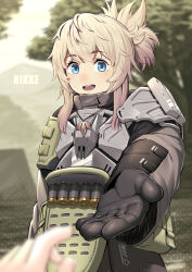 Rule 34 | 1girl, :d, armor, blonde hair, blue eyes, blurry, blurry background, blurry foreground, breastplate, commentary, day, gloves, goddess of victory: nikke, grey jacket, hair between eyes, highres, jacket, jewelry, logo, long hair, long sleeves, looking at viewer, military, military uniform, necklace, open mouth, outdoors, pinne (nikke), pouch, pov, pov hands, reaching, reaching towards viewer, sawasa, short ponytail, shotgun shell, shoulder armor, sidelocks, signature, smile, solo focus, standing, teeth, uniform, upper teeth only