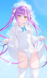 Rule 34 | 1girl, absurdres, green eyes, highres, hololive, long hair, looking at viewer, purple hair, red o7, skirt, solo, standing, swimsuit, swimsuit under clothes, tokoyami towa, white skirt
